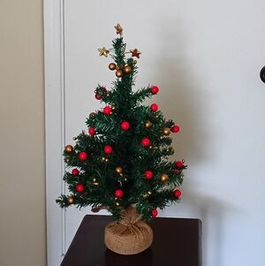 Festive Green Mini Christmas Tree with Red and Gold Ornaments